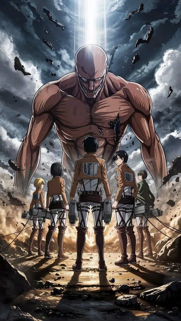 Hình nền Attack on Titan nhóm Titan đứng giữa hoang tàn, tỷ lệ khổng lồ làm khung hình bị bóp nghẹt