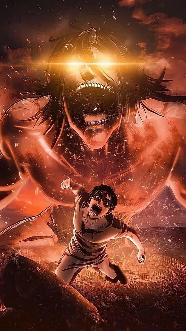Hình Attack on Titan tông đỏ nâu, gương mặt căng thẳng trước biến cố, ánh hoàng hôn như lửa liếm phố