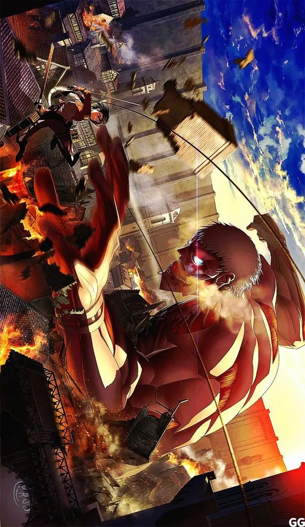 Ảnh fanart Attack on Titan Titan khổng lồ áp sát tường thành, lưỡi kiếm đôi lóe sáng giữa đổ nát