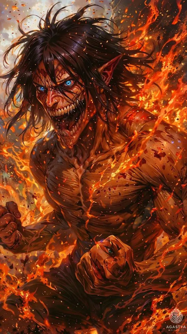 Ảnh đẹp Attack on Titan gương mặt Titan rực lửa, hạt phim thô ráp tạo không khí bi tráng ám ảnh