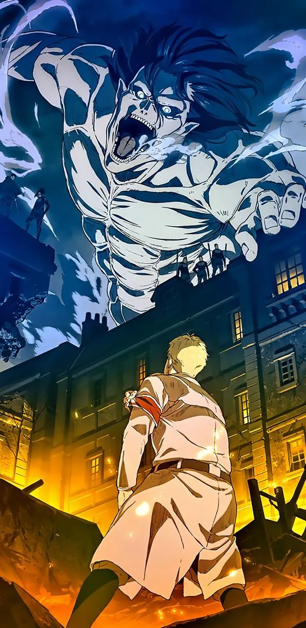 Hình nền Đại chiến Titan gam cam cháy, bóng người nhỏ trước sức nặng chiến trường hậu tận thế