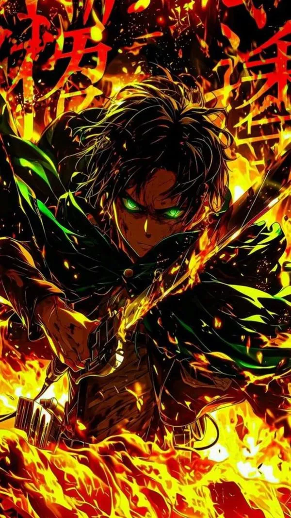 Ảnh anime Attack on Titan Eren bừng giận dữ, lửa và khói cuộn quanh như lời thề vượt tường