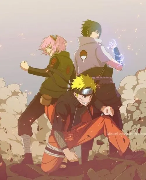 Hình nền đội 7 Naruto tông tối, ánh chakra viền sáng, nhìn lâu vẫn dịu mắt