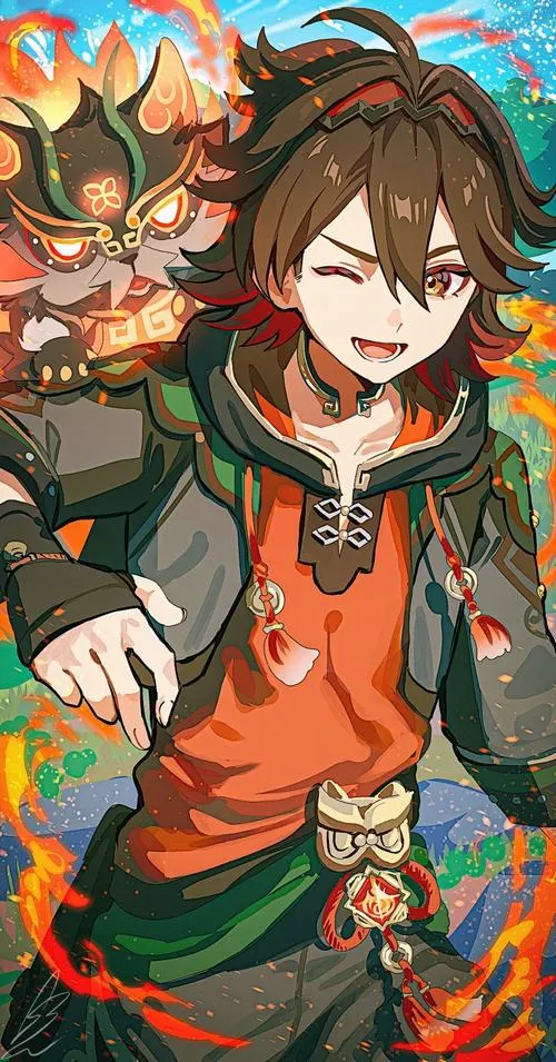 Hình nền Gaming ngầu tông đỏ đen vàng kim, ánh lửa Pyro viền tóc, nền Liyue đèn lồng