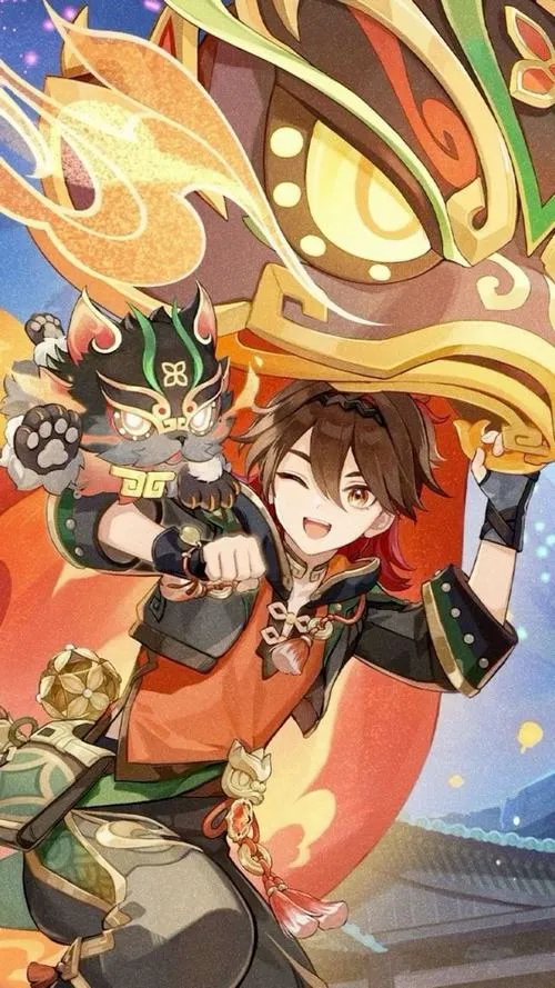 Hình nền Gaming anime, chi tiết túi tiêu sư và đạo cụ múa, nét vẽ sắc, độ tương phản cao