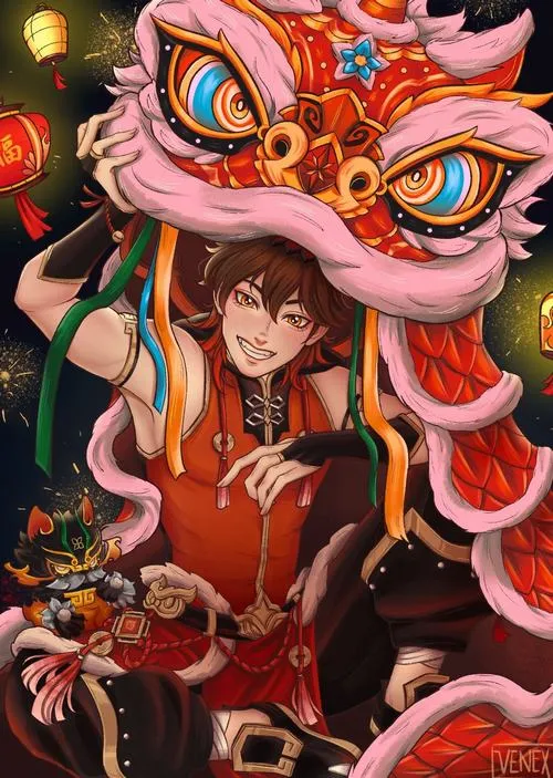 Phông nền Gaming đẹp, Man Chai lấp ló phía sau, màu nóng dịu, không khí lễ hội Liyue ấm áp