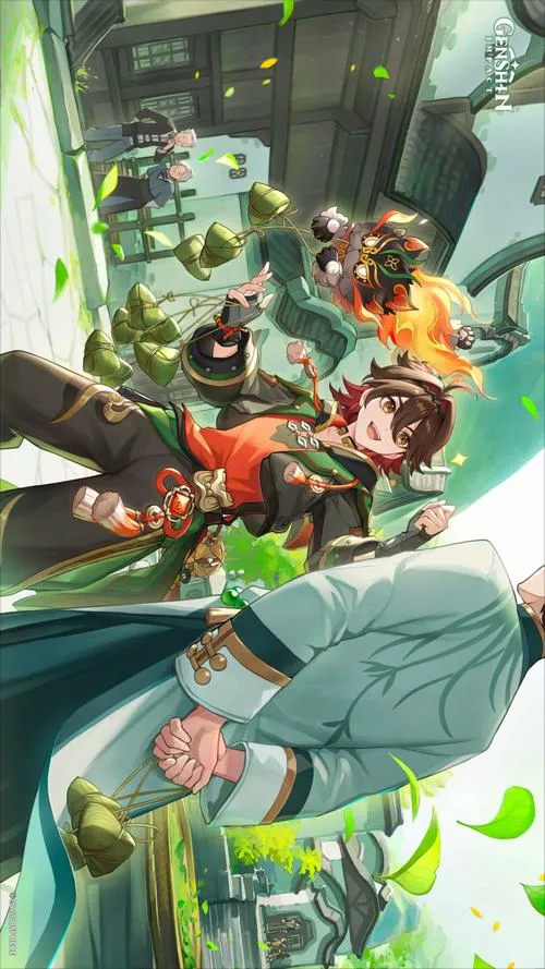 Hình nền máy tính Gaming 4K, trạng thái Múa Thú bùng lửa, tàn lửa bay quanh, nền Liyue náo nhiệt