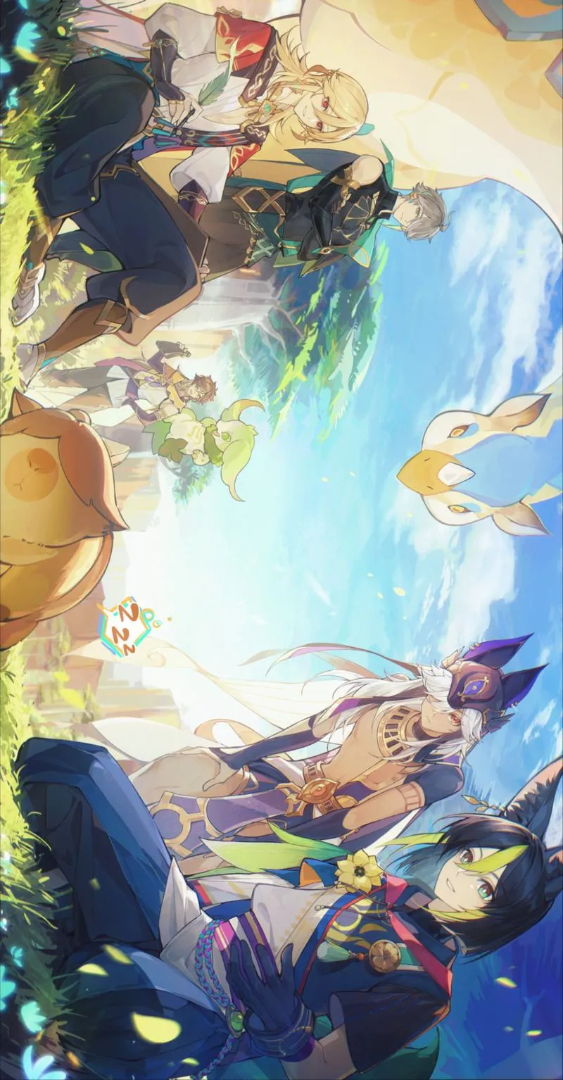 Hình nền Sumeru xanh ngọc, phong cảnh fantasy sâu, đường dẫn ánh nhìn mượt, hợp màn hình lớn