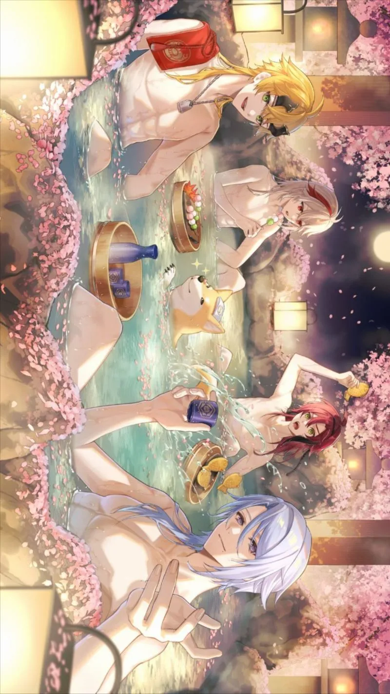 Ảnh nền anime tông tối, thành phố Mondstadt xa, ánh đèn nhỏ, mood yên, không chói mắt