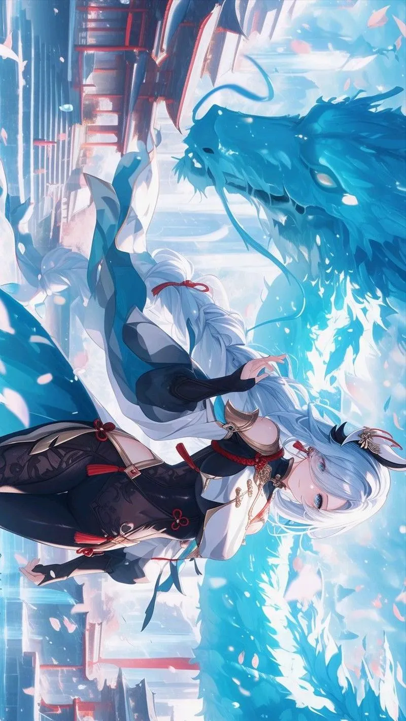 Ảnh nền 4K phong cảnh Teyvat tuyết lạnh, sắc độ xanh, viền sáng mỏng, cảm giác trong trẻo