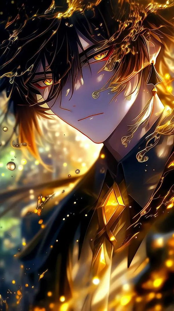 Ảnh Neuvillette gợi Fontaine, tiền cảnh nước xanh, hậu cảnh mờ, nét vẽ hoạt hình tinh, hợp mobile.