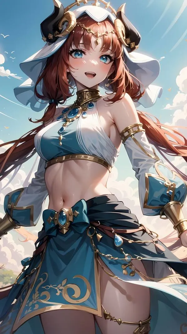 Hình nền Nahida gợi vùng đất Sumeru, địa hình xanh mát, hậu cảnh mờ nhẹ, biểu tượng ứng dụng vẫn rõ.