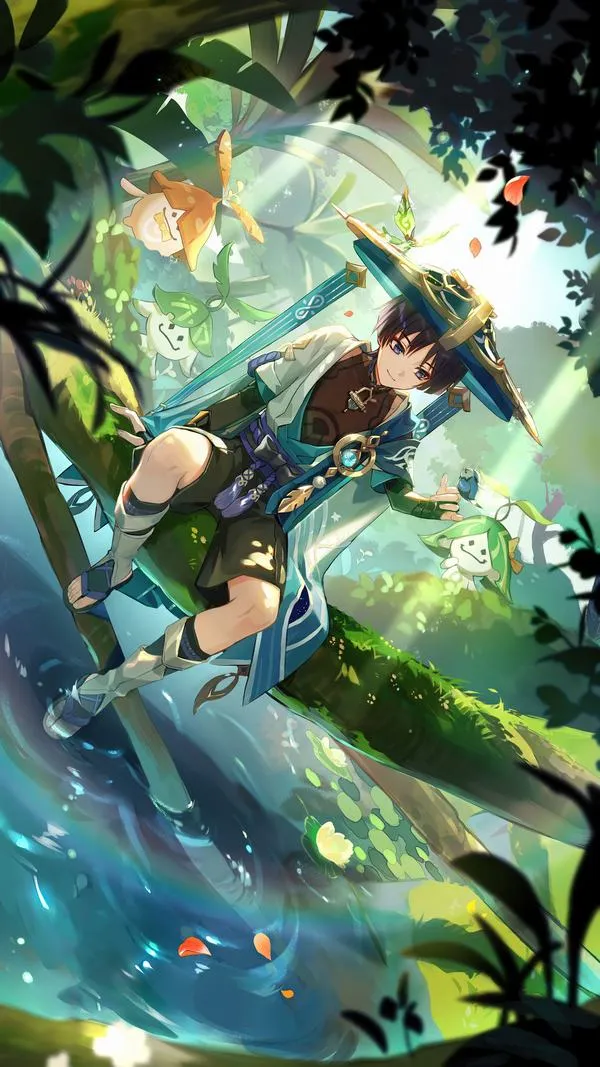 Hình Shenhe lớp bóng sâu, ánh viền xanh băng, nền tối dễ nhìn, giao diện điện thoại tối giản mà sang.