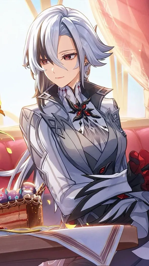 Ảnh bìa Arlecchino bảng màu đỏ đen chủ đạo, viền sáng mảnh, bố cục dọc, hợp màn hình khóa mobile.