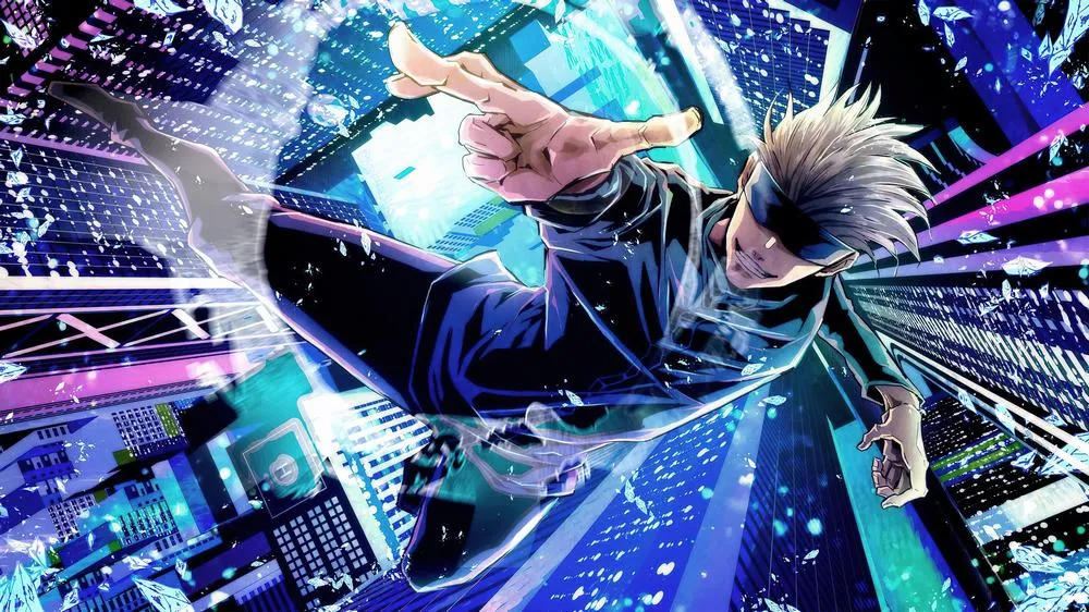 Hình nền Gojo 4k siêu nét tông xanh tím, viền sáng mạnh cho màn hình lớn