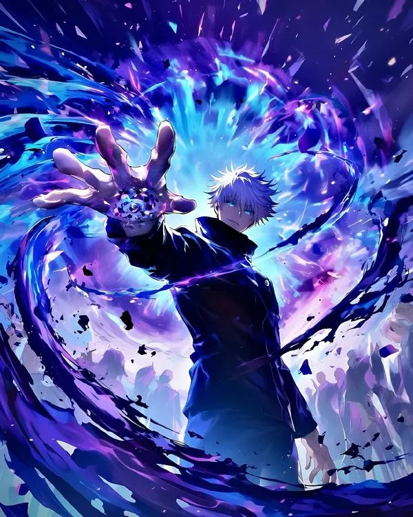 Ảnh anime Gojo làm ảnh nền máy tính, bố cục ngang rộng, cảnh đô thị mở ra phía sau rất đã