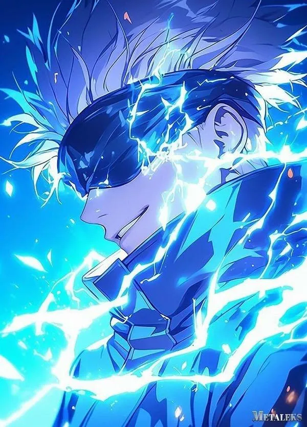 Hình fanart Gojo trong nền trừu tượng, mảng màu đậm nhạt đan xen, cảm giác năng lượng đang thở