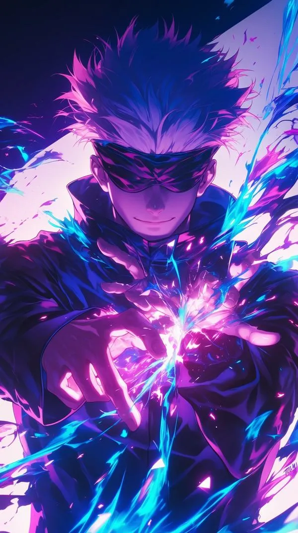 Hình nền anime Gojo trong ánh xanh lam chủ đạo, điểm tím nhấn nhẹ, phối màu nhìn lâu không mỏi