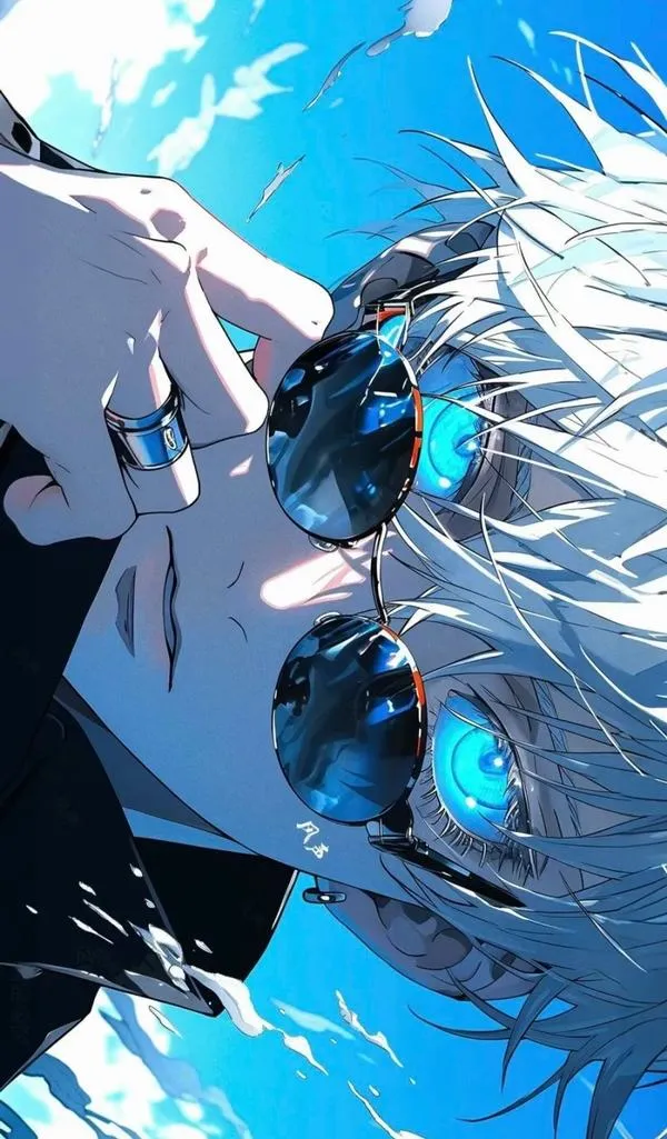 Hình đẹp Gojo đứng giữa vòng sáng, nền đen sâu, cảm giác quyền lực tập trung vào đôi mắt