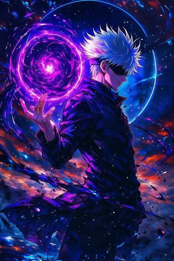 Ảnh fanart Gojo nghiêng đầu, nụ cười nhẹ, nhưng ánh mắt cho thấy sức mạnh vẫn không hề giảm