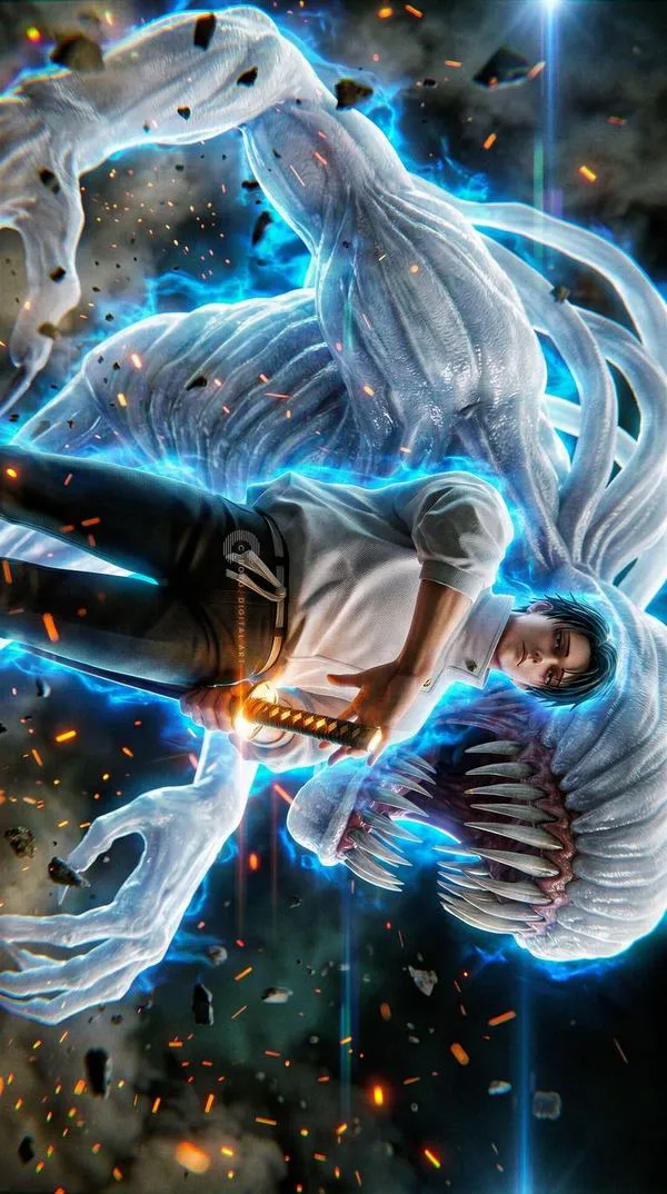 Hình Nanami Kento cầm chú cụ, ánh tím chạy theo lưỡi, nền tối, bố cục gọn cho màn khóa