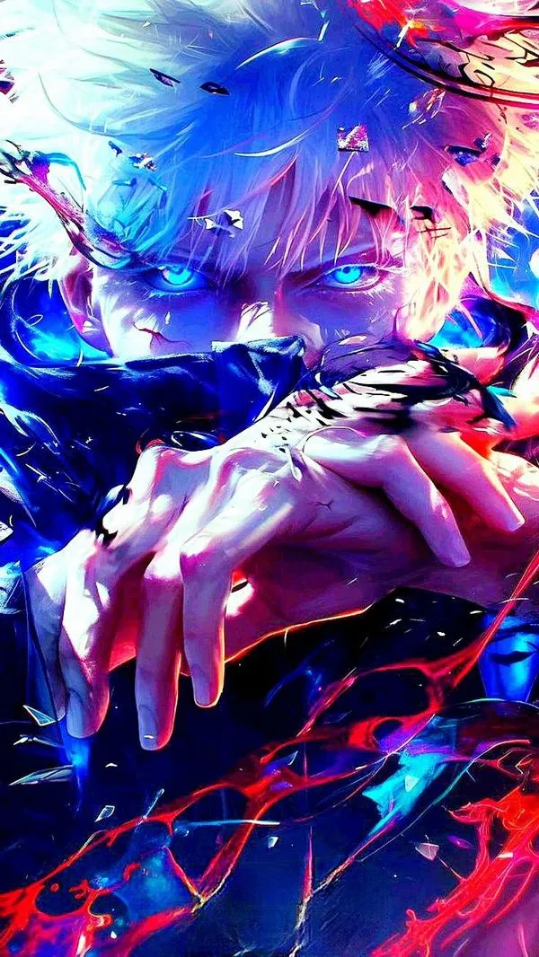 Hình nền fanart Gojo chìa tay, màu neon tím xanh loang mạnh, hiệu ứng hạt sáng nhìn đã mắt