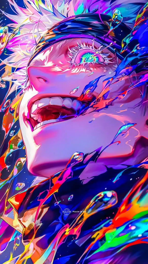 Ảnh fanart Gojo Satoru cười nửa miệng, màu loang rực rỡ, tương phản cao, nhìn rất nghệ