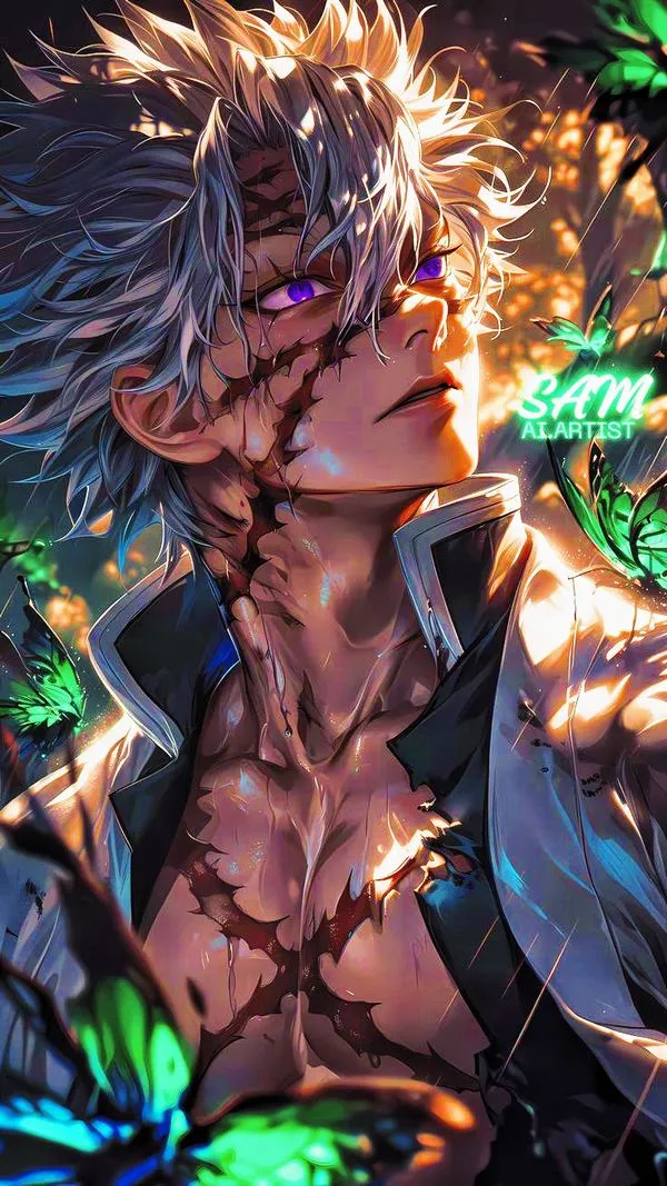 Hình nền Toji Fushiguro trần thân, cơ bắp nổi, ánh lửa và bụi bay, cảm giác sát khí rõ