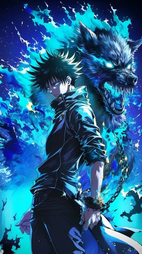 Hình nền Megumi Fushiguro đứng giữa chú lực xanh, bóng đổ dày, vibe lạnh, hợp màn khóa tối