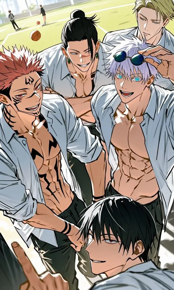 Ảnh bìa anime Gojo cùng đồng đội tạo dáng đời thường, nét nhẹ nhàng, hợp ai thích ảnh đẹp