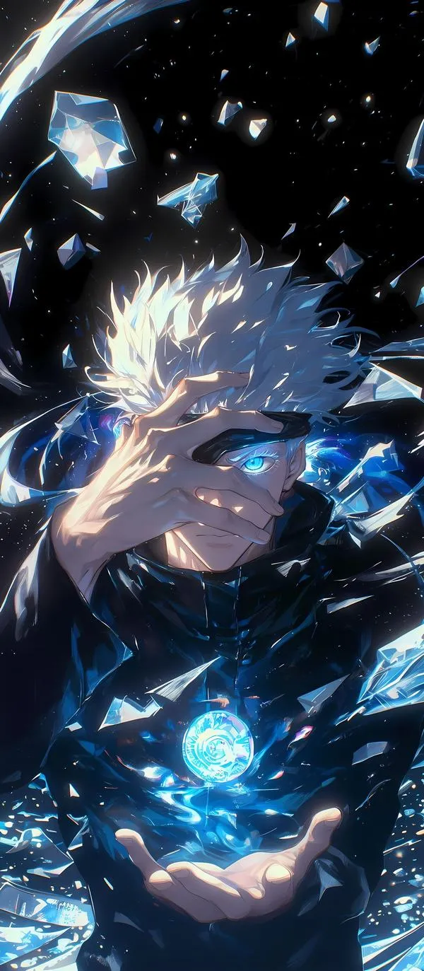 Ảnh fanart Gojo Satoru trong nền tuyết bụi, ánh xanh đen lấp lánh, cảm giác tĩnh mà căng