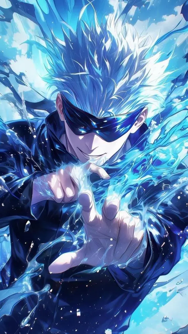 Hình nền đẹp Gojo tung chú lực băng lam, ánh sáng lạnh, icon nổi rõ, hợp desktop và điện thoại