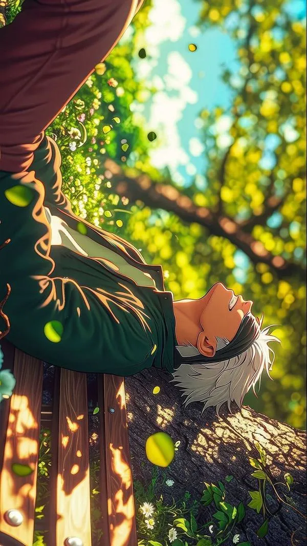 Ảnh Itadori Yuji khoảnh khắc yên bình dưới nắng xuyên lá, màu xanh vàng dịu, hợp hình nền dọc