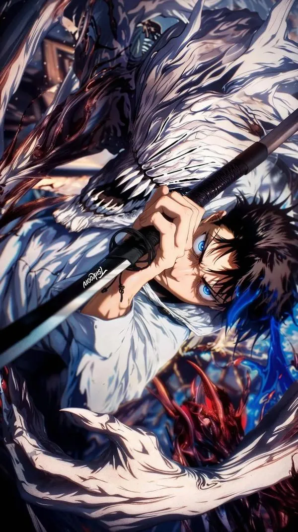 Ảnh Zenin Maki vung kiếm, nét bút mạnh, bụi mảnh vỡ tung, tông xám lạnh hợp ảnh fanart