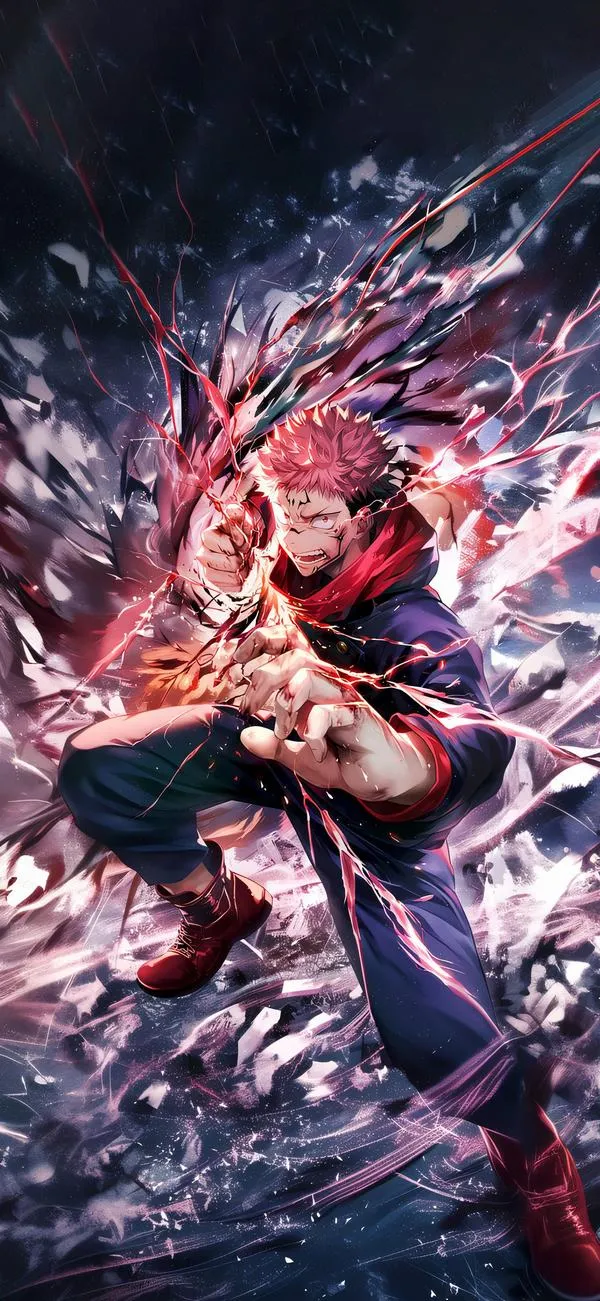 Ảnh fanart Itadori Yuji lao lên, vệt năng lượng đỏ rực, nền tối tương phản mạnh, hợp màn khóa