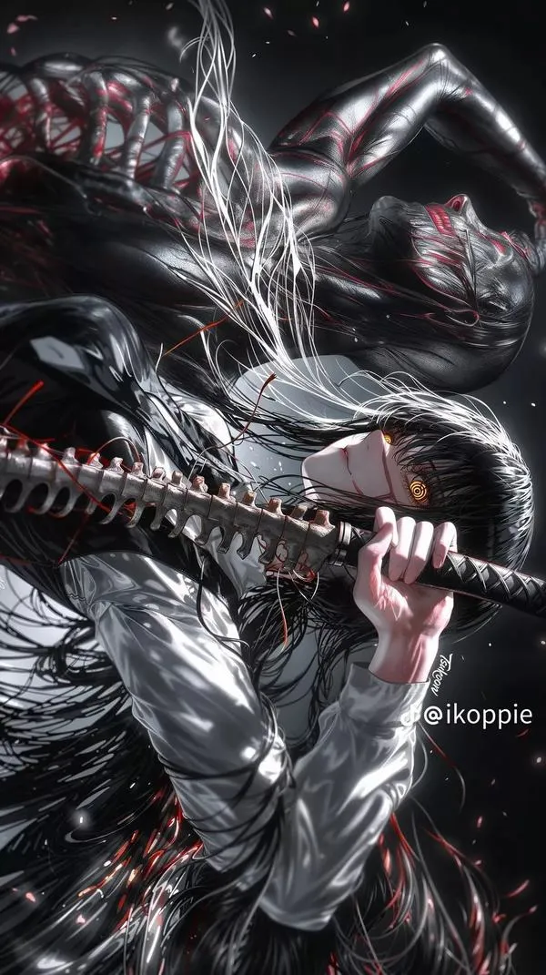 Ảnh Toji Fushiguro cầm katana kiểu noir, đen trắng sắc nét, không khí căng, hợp ảnh bìa ngầu