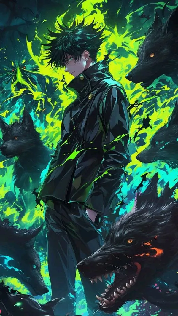 Ảnh Megumi Fushiguro gọi thức thần, mảng tối phủ, nhòe chuyển động nhẹ, không khí săn mồi rõ