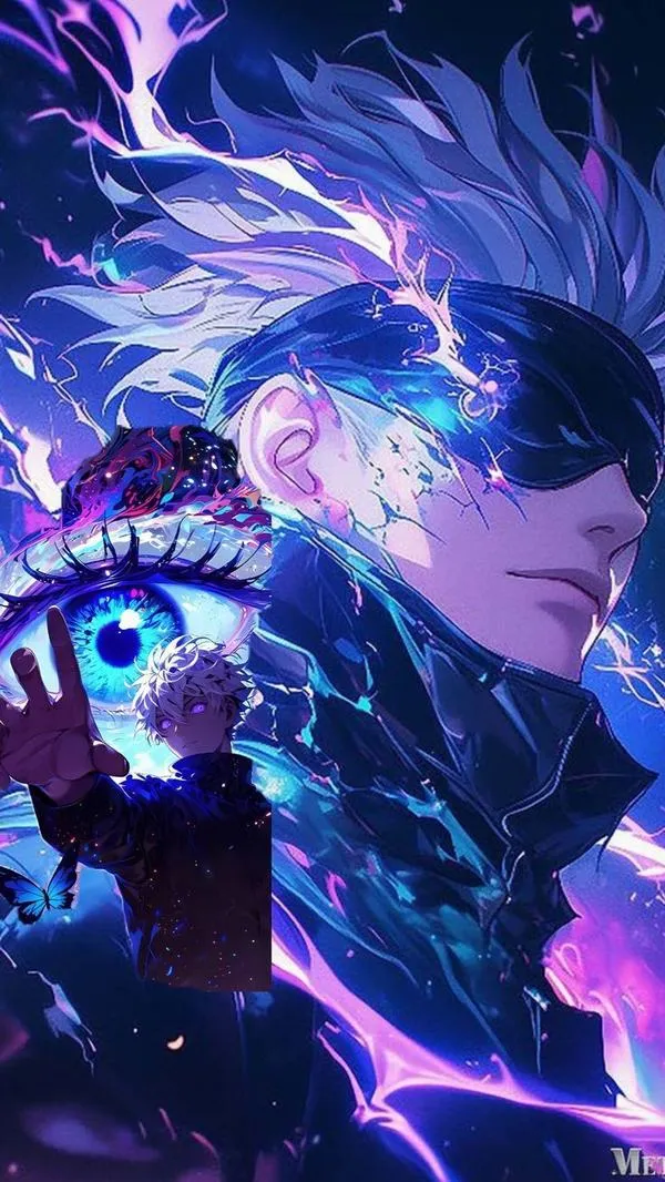 Ảnh Gojo Satoru cười, hạt nhiễu mịn như phim, chuyển sắc cầu vồng, nhìn gần thấy nhiều chi tiết