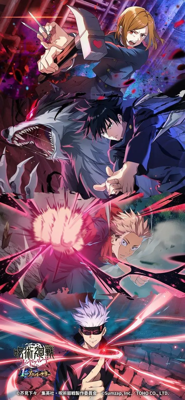 Hình nền đẹp nhóm Gojo, Yuji, Megumi, Nobara tụ hội, hiệu ứng chú lực sáng, nhìn gọn icon