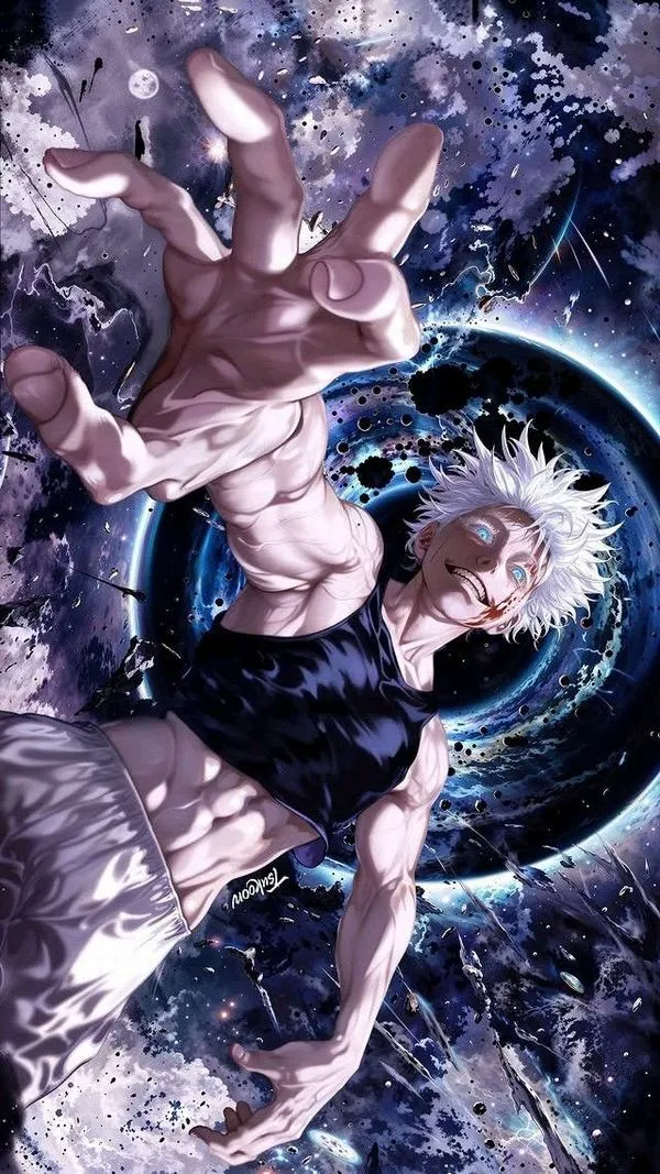 Hình nền 4K Gojo Satoru giơ tay triển thuật thức, vòng xoáy chú lực lam tím phủ nền lạnh