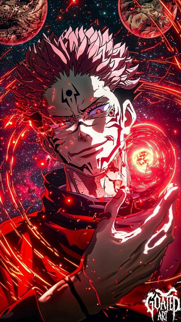 Ảnh Sukuna cận mặt, ấn chú nổi rõ, sắc đỏ ám khí, ánh nhìn sắc lẹm hợp avatar ngầu