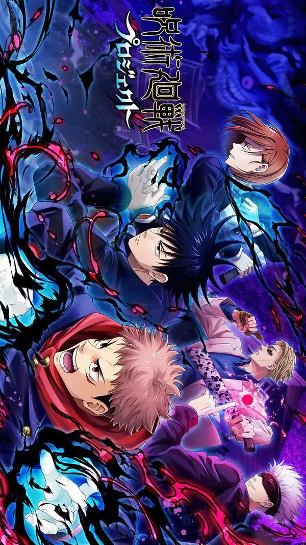 Hình nền anime dàn nhân vật chiến đấu, tông xanh đậm, bụi mảnh vỡ bay, cảm giác rất điện ảnh