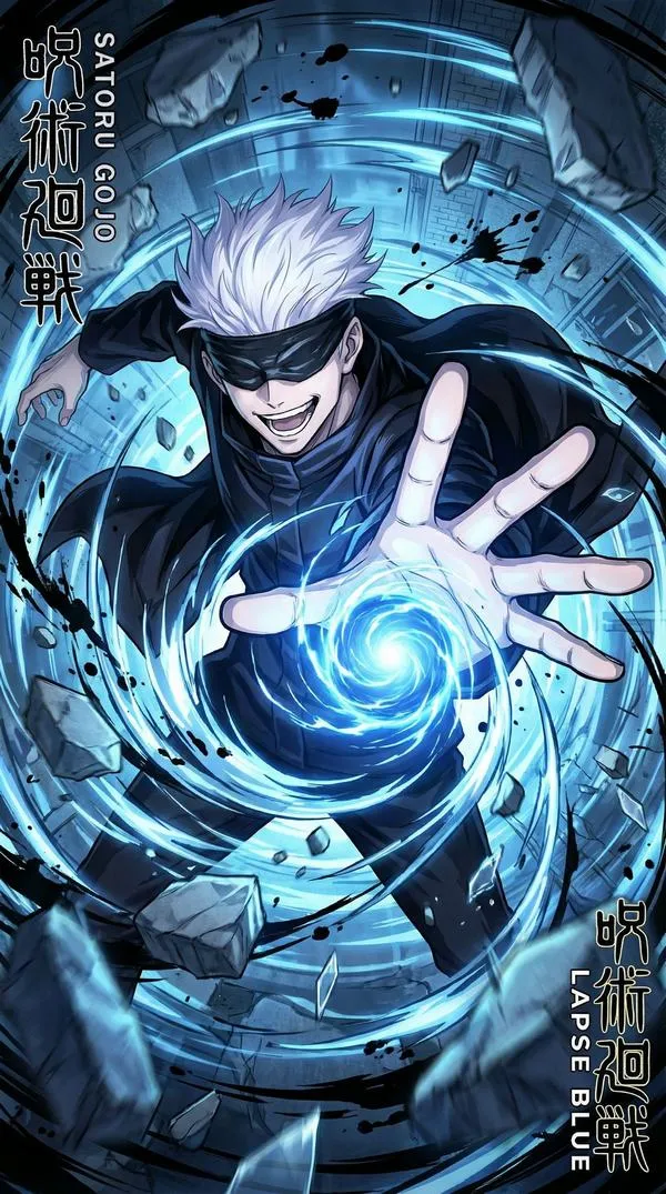 Ảnh đẹp Gojo Satoru tạo cầu chú lực, ánh lam xoáy tròn, nền băng lạnh hợp desktop tối giản