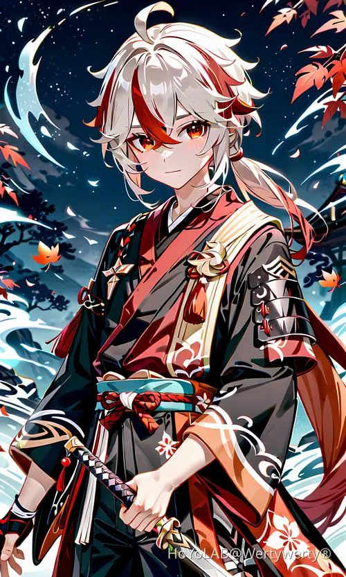 Hình Kazuha tóc bạch kim lọn đỏ, gió cuộn quanh, lá phong rơi, vibe lãng du Inazuma