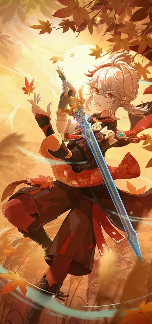 Ảnh nền Kazuha bên mây gió, tay giữ vỏ kiếm, ánh chiều rót nhẹ, không khí lãng du