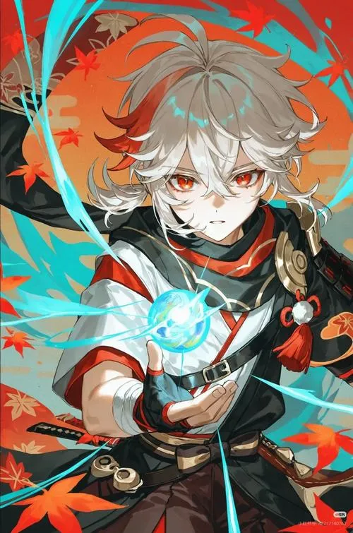 Ảnh nền Kazuha mắt đỏ trầm, khăn choàng bay, nền mây ngàn, cảm giác trầm mặc và tự do