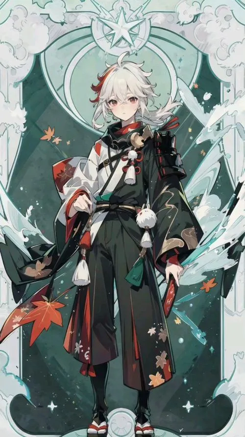 Ảnh bìa Kazuha cùng Vision Phong, lá phong điểm đỏ, nền tối sạch, cảm giác trầm tĩnh