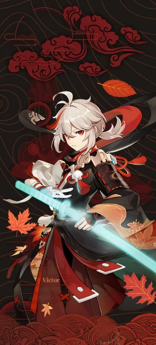 Hình anime Kazuha giữa sương mỏng, khăn choàng bay, sắc đỏ trầm, mood dịu mà sâu