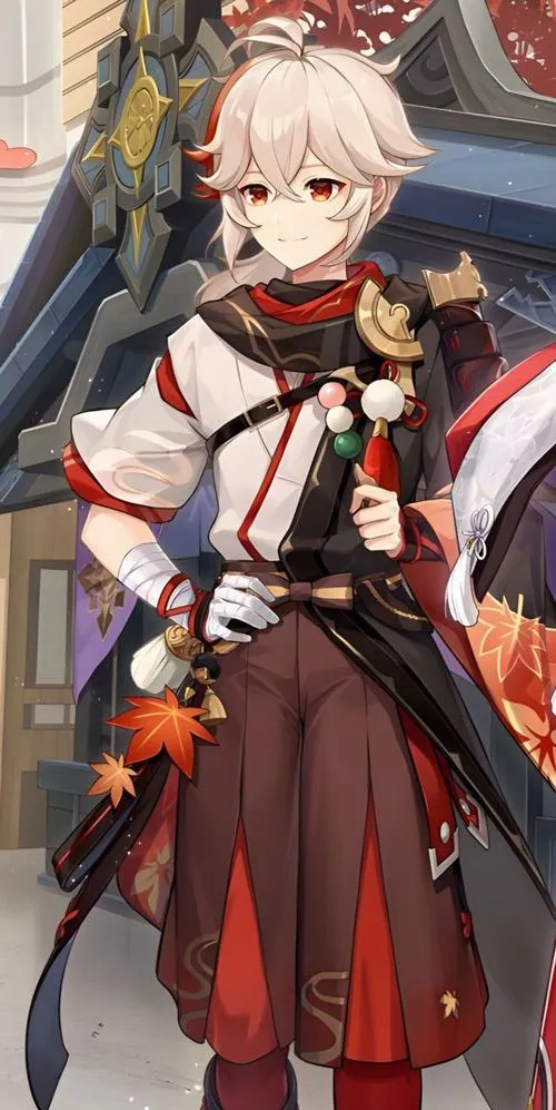 Hình nền Kazuha cầm kiếm đơn, họa tiết lá phong rõ, ánh chiều thu, không khí thi vị haiku