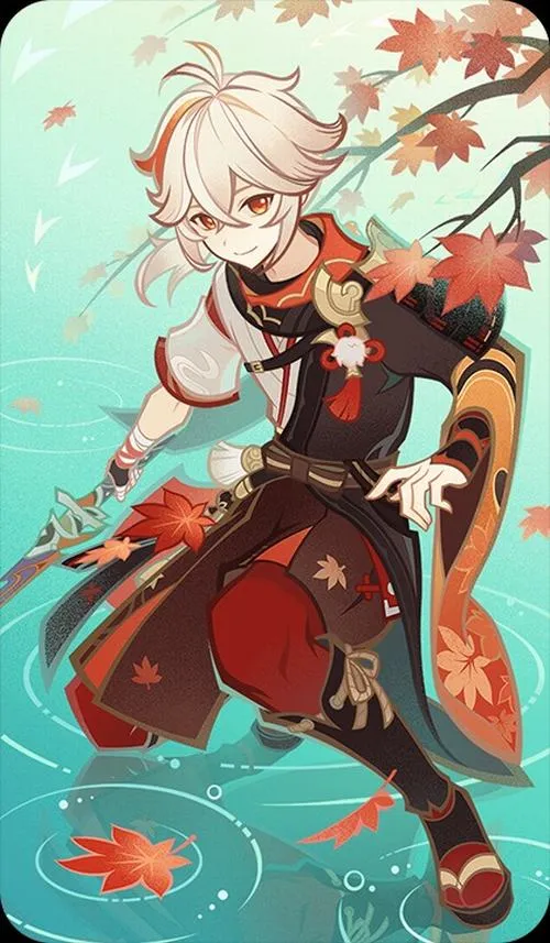 Hình ngầu Kazuha tung Chihayaburu, gió xoáy hút quanh, dáng bật cao, nhịp ảnh căng gọn